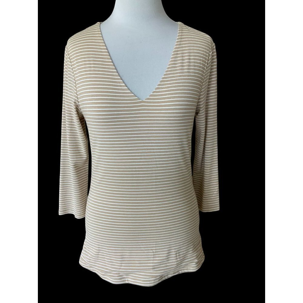 YANSI FUGEL LADIES DESIGNER VNECK GOLD STRIPPED QUARTER SLEEVE TEE TUNIC EUC S
